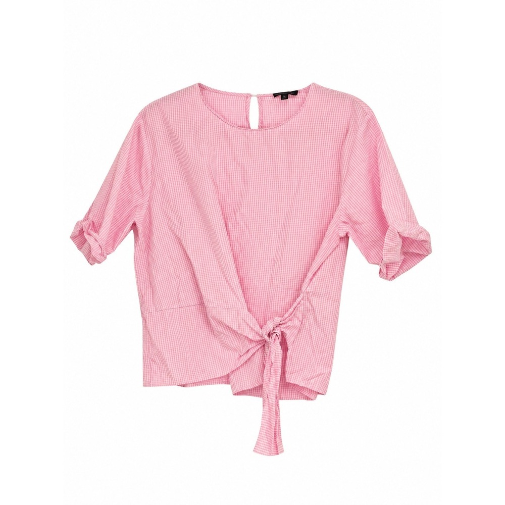 Banana Republic Women Top Tie Front Gingham Blouse Pink Cotton Size Medium